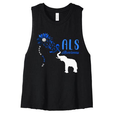 Blue Ribbon Elephant ALS Warrior Support ALS Awareness Women's Racerback Cropped Tank