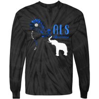 Blue Ribbon Elephant ALS Warrior Support ALS Awareness Tie-Dye Long Sleeve Shirt