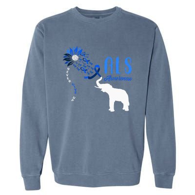 Blue Ribbon Elephant ALS Warrior Support ALS Awareness Garment-Dyed Sweatshirt