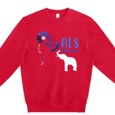 Blue Ribbon Elephant ALS Warrior Support ALS Awareness Premium Crewneck Sweatshirt