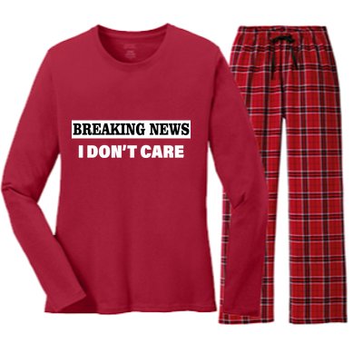 Breaking News I Don't Care Funny Meme Women's Long Sleeve Flannel Pajama Set 