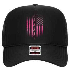 Breast Cancer American Flag High Crown Mesh Back Trucker Hat