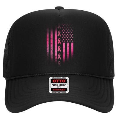 Breast Cancer American Flag High Crown Mesh Back Trucker Hat