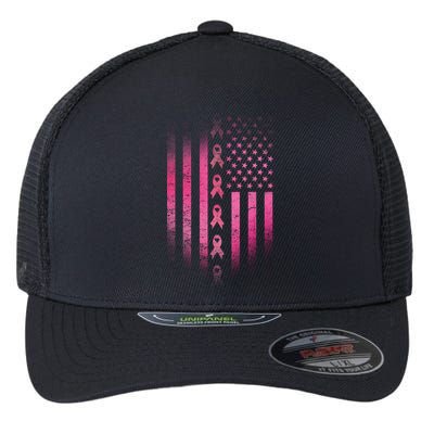 Breast Cancer American Flag Flexfit Unipanel Trucker Cap