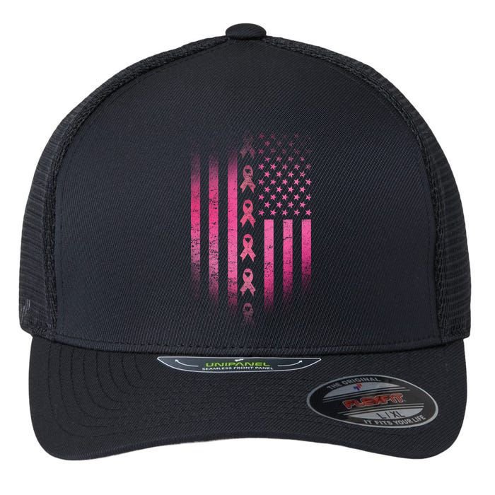 Breast Cancer American Flag Flexfit Unipanel Trucker Cap