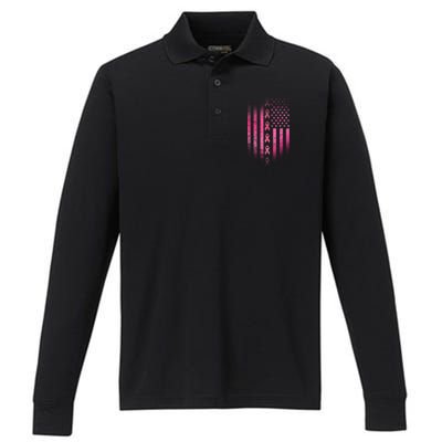 Breast Cancer American Flag Performance Long Sleeve Polo