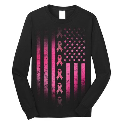 Breast Cancer American Flag Long Sleeve Shirt