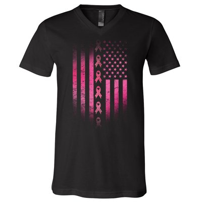 Breast Cancer American Flag V-Neck T-Shirt