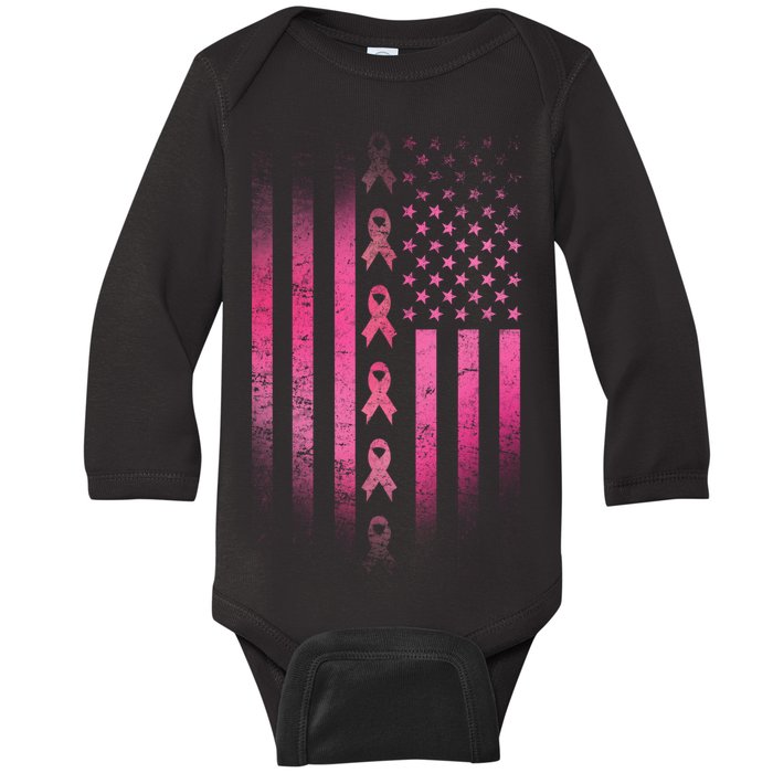 Breast Cancer American Flag Baby Long Sleeve Bodysuit