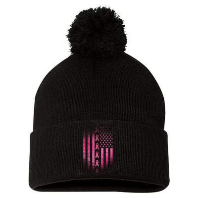 Breast Cancer American Flag Pom Pom 12in Knit Beanie