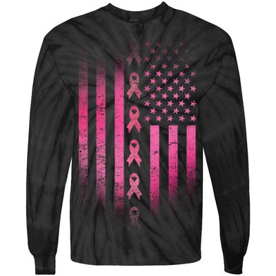 Breast Cancer American Flag Tie-Dye Long Sleeve Shirt