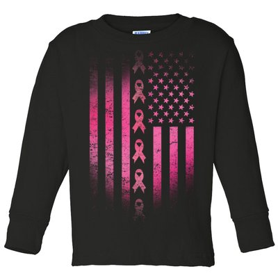 Breast Cancer American Flag Toddler Long Sleeve Shirt