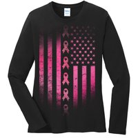 Breast Cancer American Flag Ladies Long Sleeve Shirt