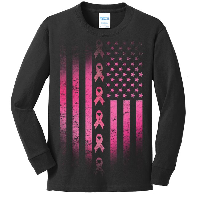 Breast Cancer American Flag Kids Long Sleeve Shirt