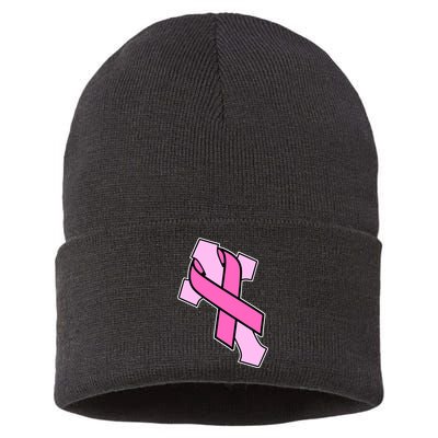 Breast Cancer Awareness Christian Pink Cross Ribbon Sustainable Knit Beanie