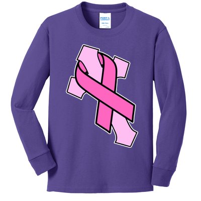 Breast Cancer Awareness Christian Pink Cross Ribbon Kids Long Sleeve Shirt