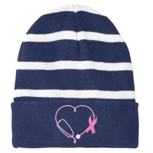 Breast Cancer Awareness Doctor Nurse Stethoscope Striped Beanie with Solid Band