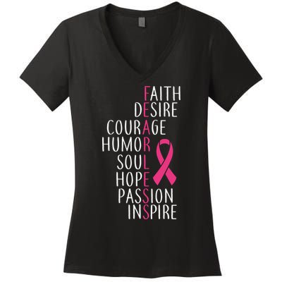 Breast Cancer Awareness Fearless Faith Women's V-Neck T-Shirt
