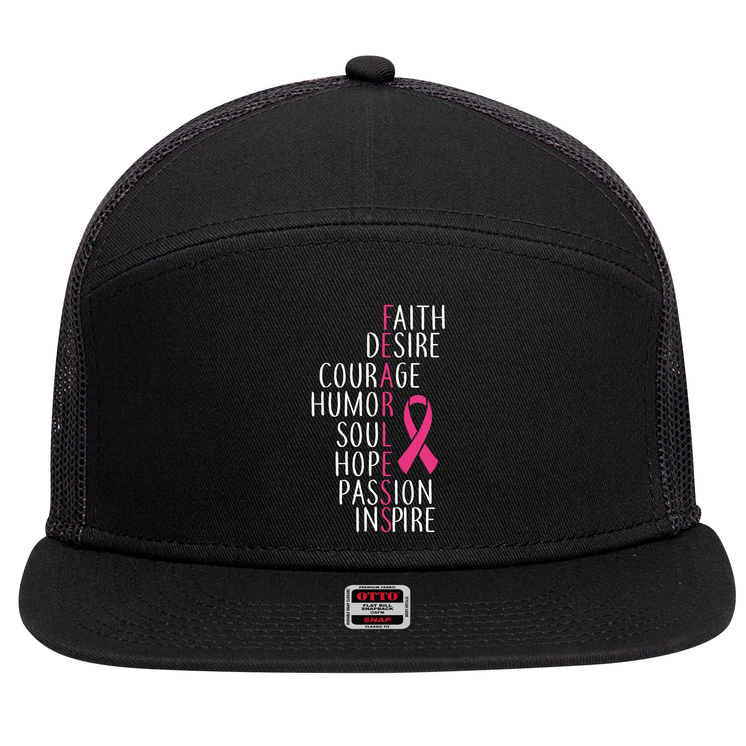 Breast Cancer Awareness Fearless Quote 7 Panel Mesh Trucker Snapback Hat