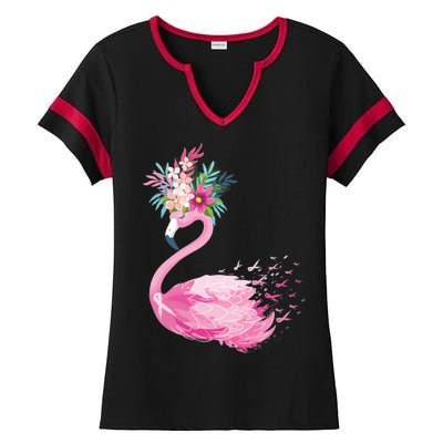 Breast Cancer Awareness Flamingo Floral Ladies Halftime Notch Neck Tee