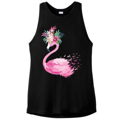 Breast Cancer Awareness Flamingo Floral Ladies PosiCharge Tri-Blend Wicking Tank