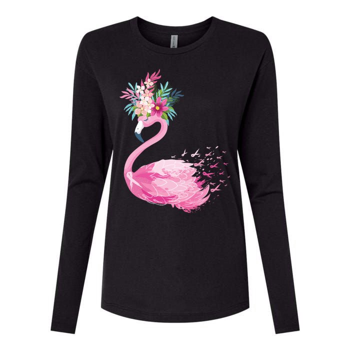 Breast Cancer Awareness Flamingo Floral Womens Cotton Relaxed Long Sleeve T-Shirt