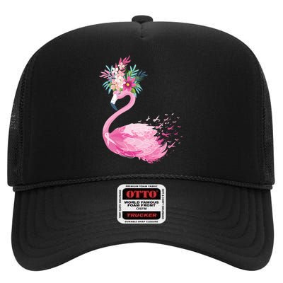 Breast Cancer Awareness Flamingo Floral High Crown Mesh Back Trucker Hat