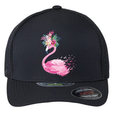 Breast Cancer Awareness Flamingo Floral Flexfit Unipanel Trucker Cap