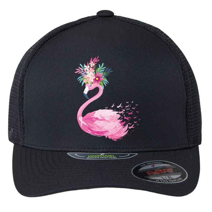 Breast Cancer Awareness Flamingo Floral Flexfit Unipanel Trucker Cap