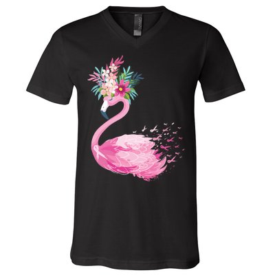 Breast Cancer Awareness Flamingo Floral V-Neck T-Shirt