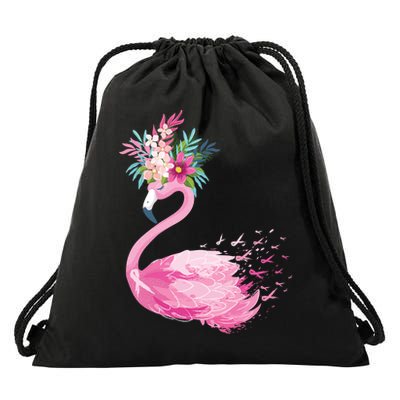 Breast Cancer Awareness Flamingo Floral Drawstring Bag