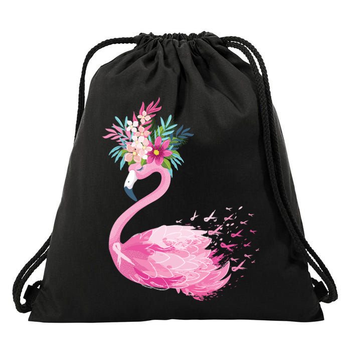 Breast Cancer Awareness Flamingo Floral Drawstring Bag