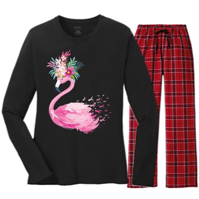 Breast Cancer Awareness Flamingo Floral Women's Long Sleeve Flannel Pajama Set 