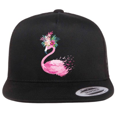 Breast Cancer Awareness Flamingo Floral Flat Bill Trucker Hat