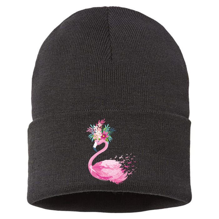 Breast Cancer Awareness Flamingo Floral Sustainable Knit Beanie