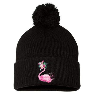 Breast Cancer Awareness Flamingo Floral Pom Pom 12in Knit Beanie