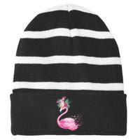 Breast Cancer Awareness Flamingo Floral Striped Beanie with Solid Band