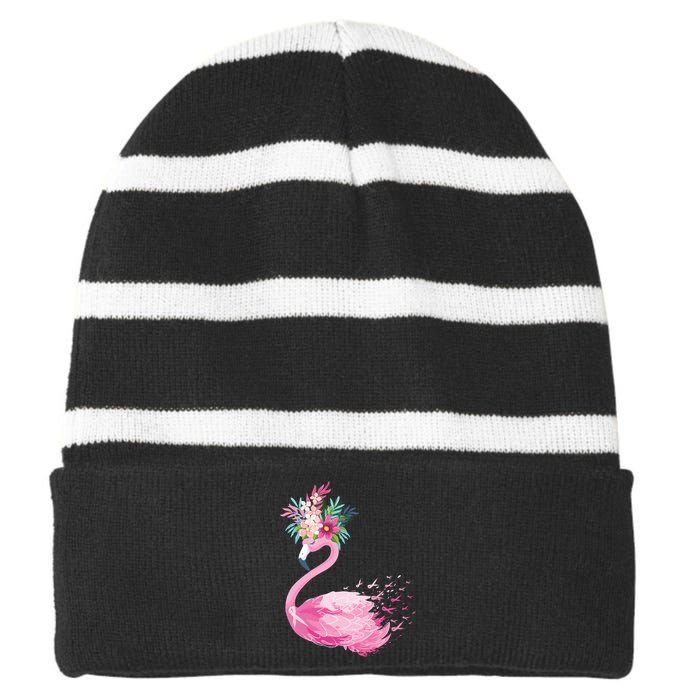 Breast Cancer Awareness Flamingo Floral Striped Beanie with Solid Band