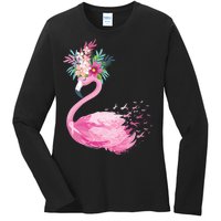 Breast Cancer Awareness Flamingo Floral Ladies Long Sleeve Shirt