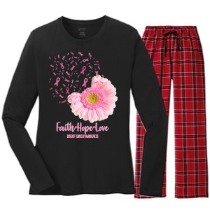 Breast Cancer Awareness Flowers Ribbons Women's Long Sleeve Flannel Pajama Set 