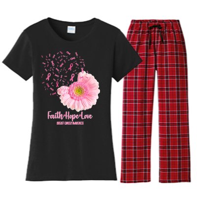 Breast Cancer Awareness Flowers Ribbons Women's Flannel Pajama Set