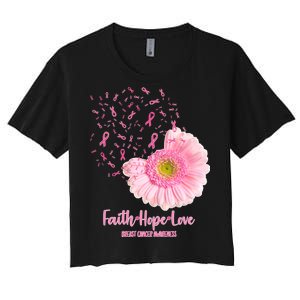 Breast Cancer Awareness Flowers Ribbons Women's Crop Top Tee