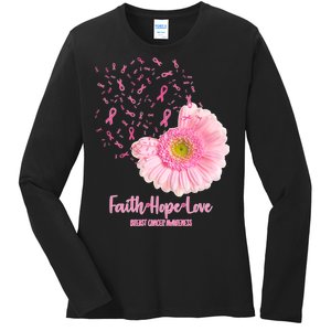 Breast Cancer Awareness Flowers Ribbons Ladies Long Sleeve Shirt