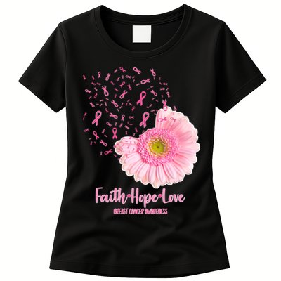 Breast Cancer Awareness Flowers Ribbons Womens T-Shirt