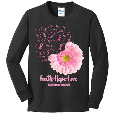Breast Cancer Awareness Flowers Ribbons Kids Long Sleeve Shirt