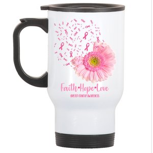 Breast Cancer Awareness Flowers Ribbons Stainless Steel Travel Mug