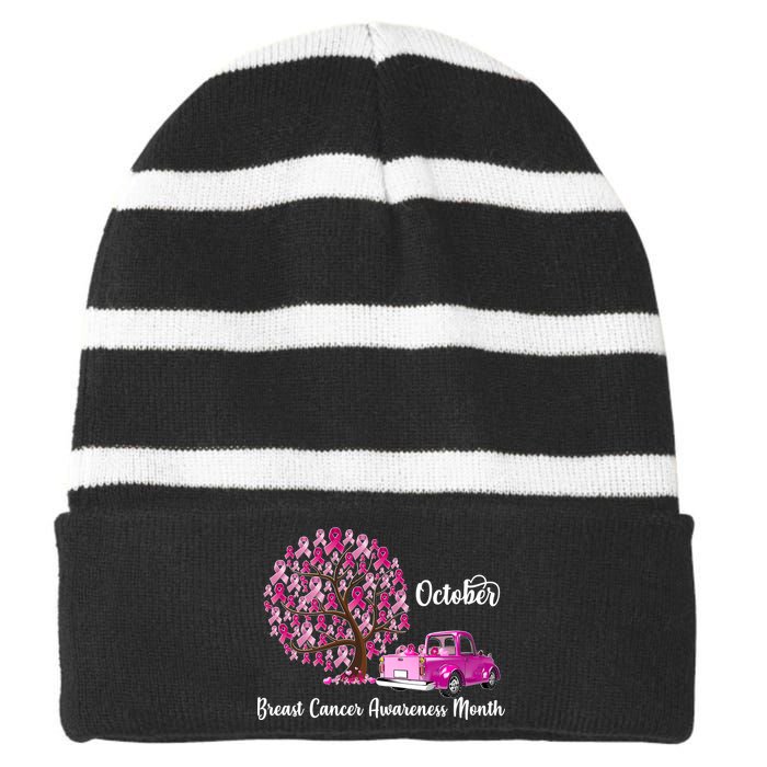 Breast Cancer Awareness Month October Roots Striped Beanie with Solid Band