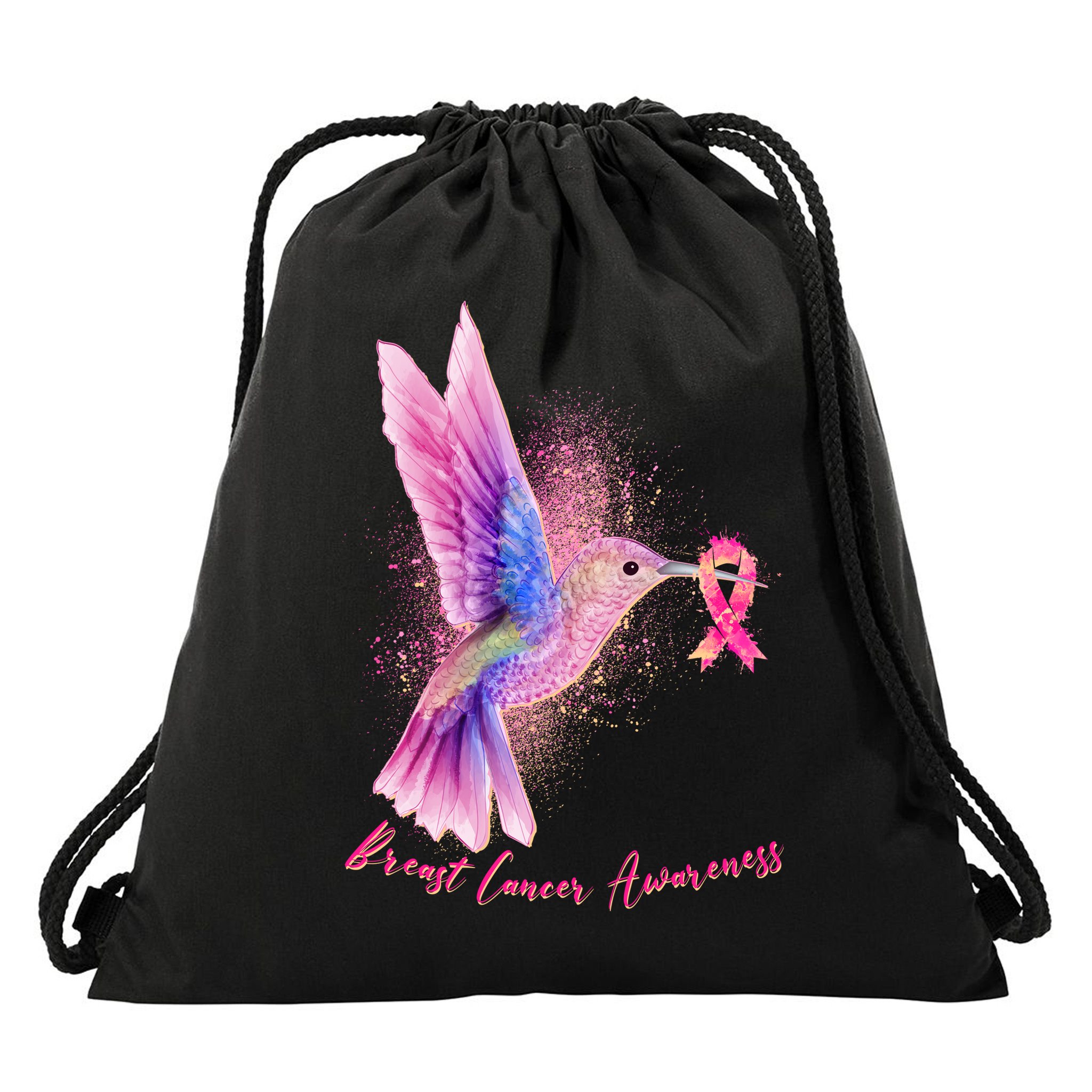 Breast Cancer Awareness Painted Hummingbird Drawstring Bag