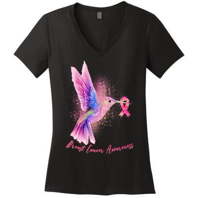 Breast Cancer Awareness Painted Hummingbird Women's V-Neck T-Shirt