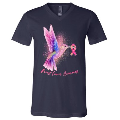 Breast Cancer Awareness Painted Hummingbird V-Neck T-Shirt